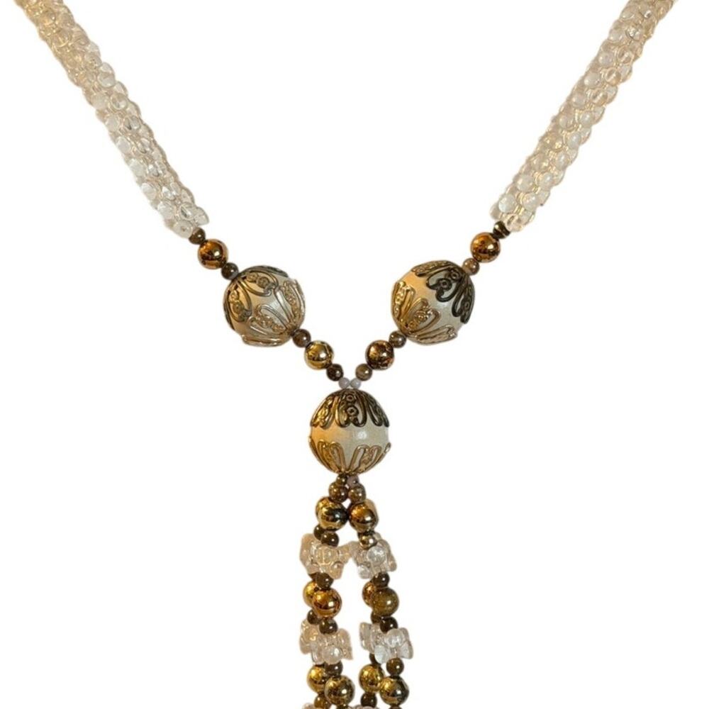 Vintage 1970s Clear Gold Wood Beaded Tassel Necklace 28”